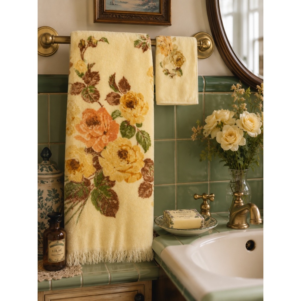Cannon Royal Family‎ Vintage Towel Set Yellow Floral Roses Cotton 2pc Excellent